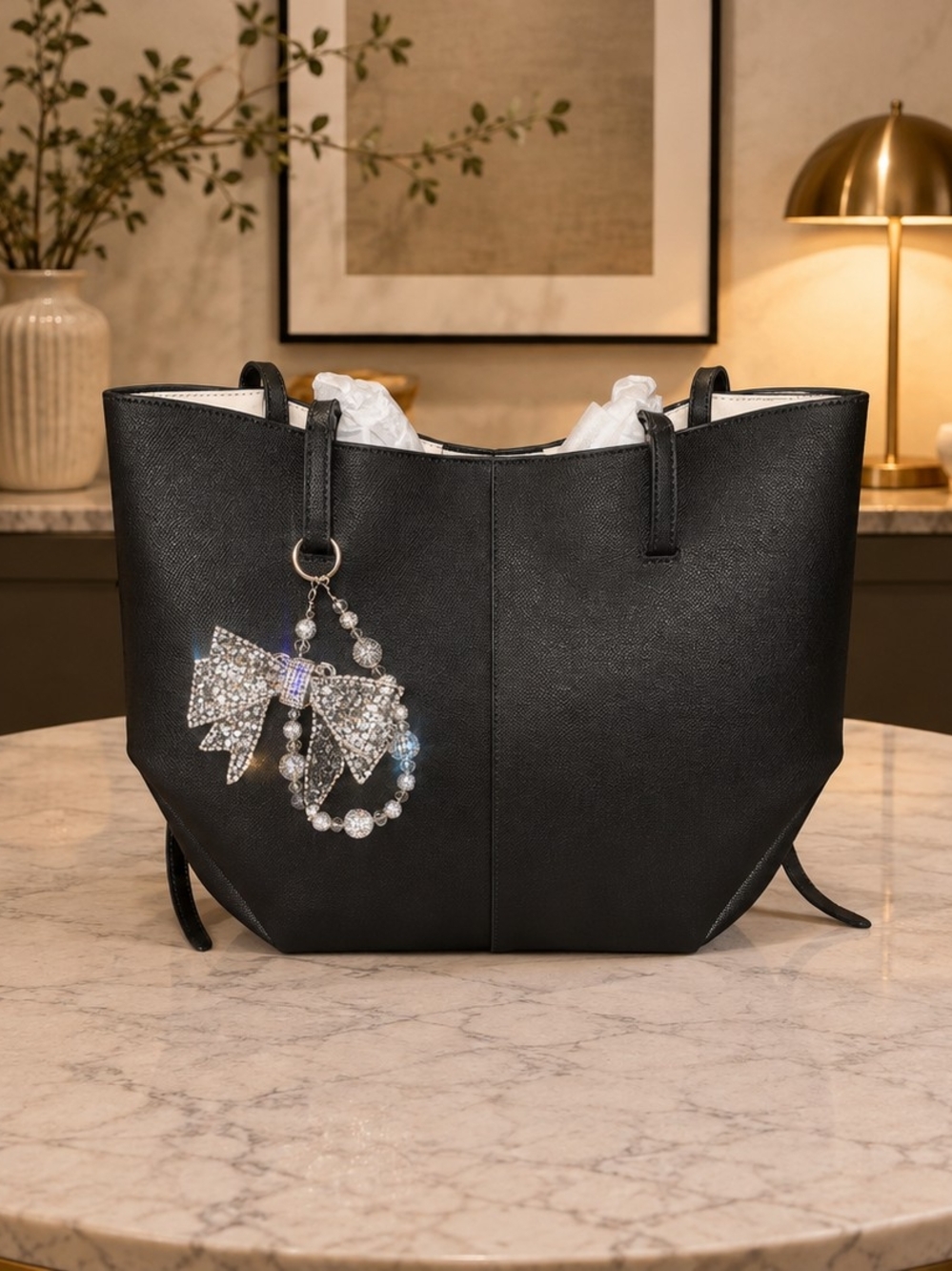 Brand New - Black Luxury Medium Tote with Matching Pouch & Crystal Bow Charm